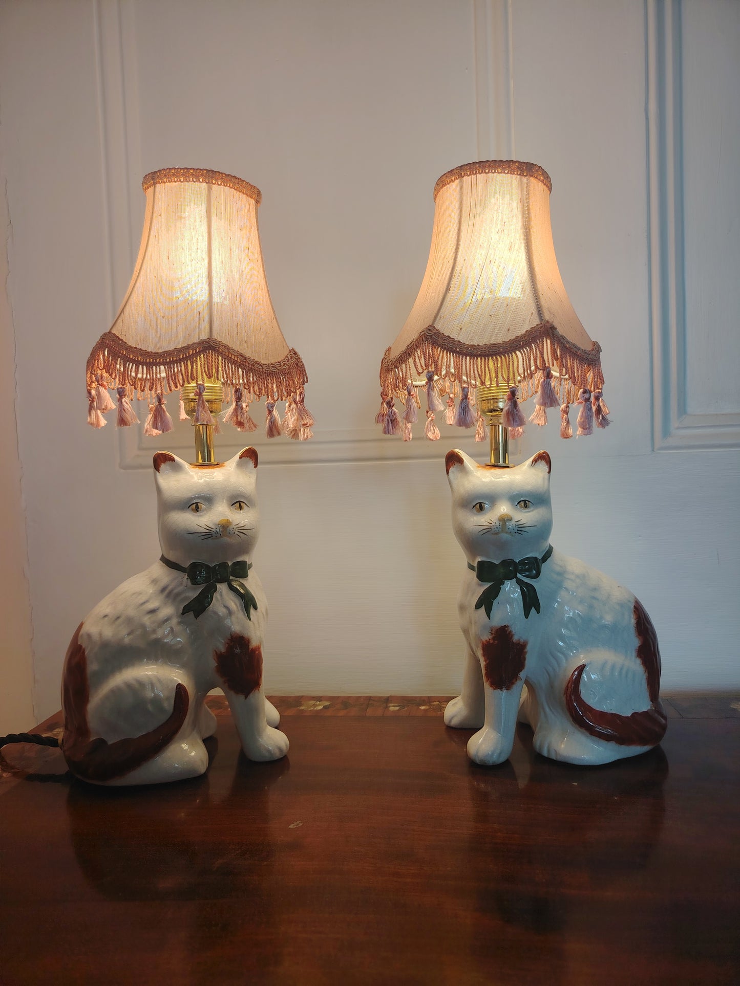 Vintage Pair of Reworked Staffordshire Style Cat Lamps With Pink Shades