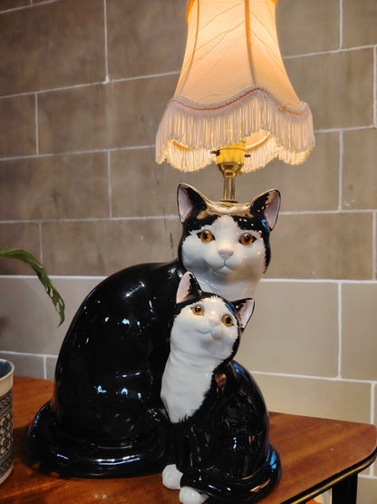 Large Vintage Reworked Tuxedo Cat and Kitten Lamp 💕
