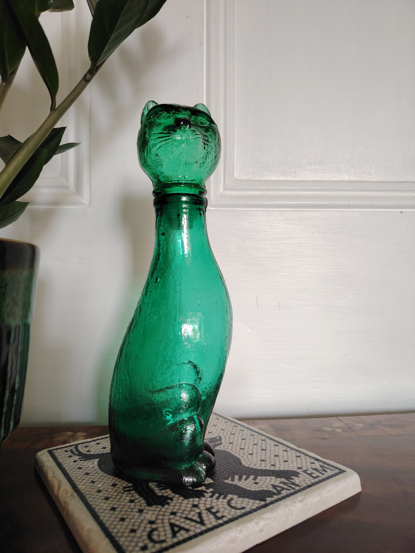 Mid Century Small Green Glass Cat Shaped Empoli Bottle