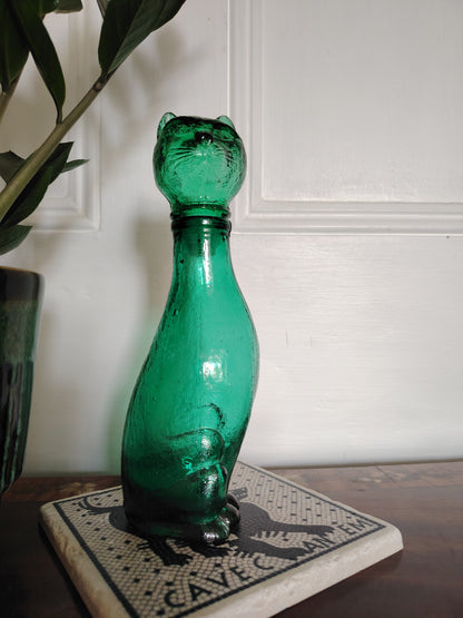 Mid Century Small Green Glass Cat Shaped Empoli Bottle