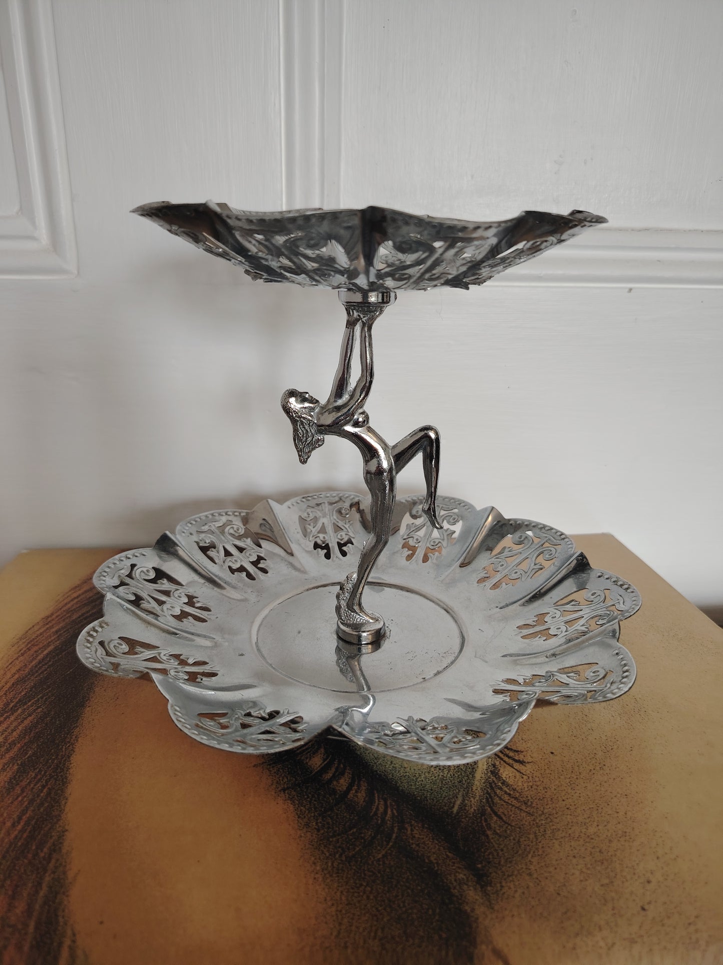Art Deco Style Nude Lady Chrome Cake Stand