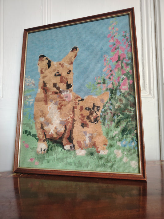 Vintage framed corgi tapestry