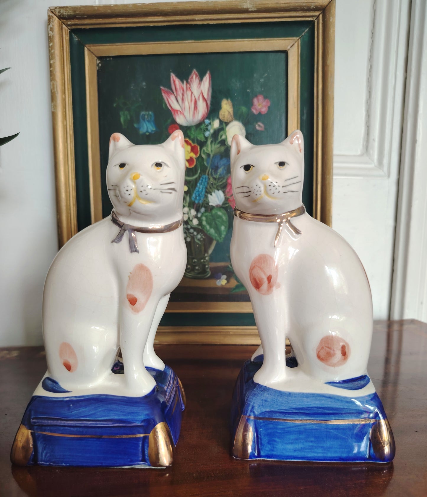 Large Pair of Staffordshire Style Porcelain Cats on a Pillow/ Mantle Decor