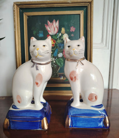 Large Pair of Staffordshire Style Porcelain Cats on a Pillow/ Mantle Decor