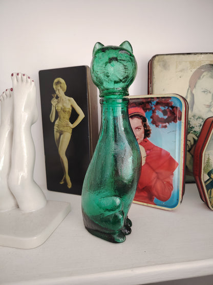 Mid Century Small Green Glass Cat Shaped Empoli Bottle