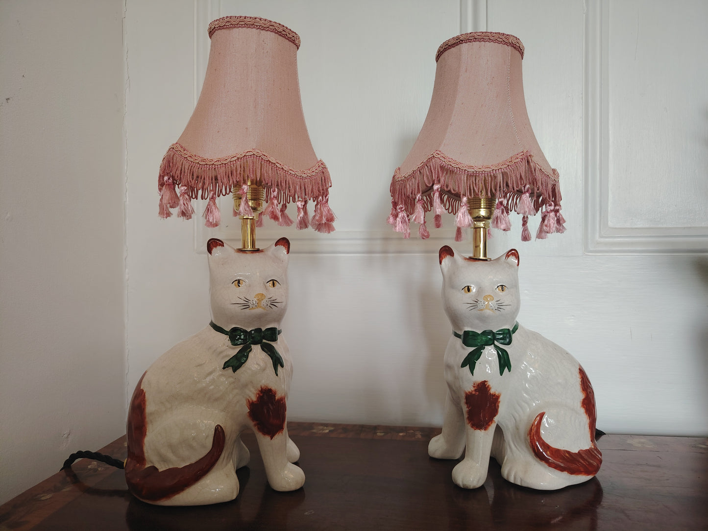 Vintage Pair of Reworked Staffordshire Style Cat Lamps With Pink Shades