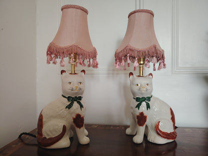 Vintage Pair of Reworked Staffordshire Style Cat Lamps With Pink Shades