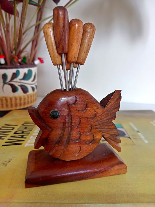 Mid Century Teak Fish Cocktail Fork Holder