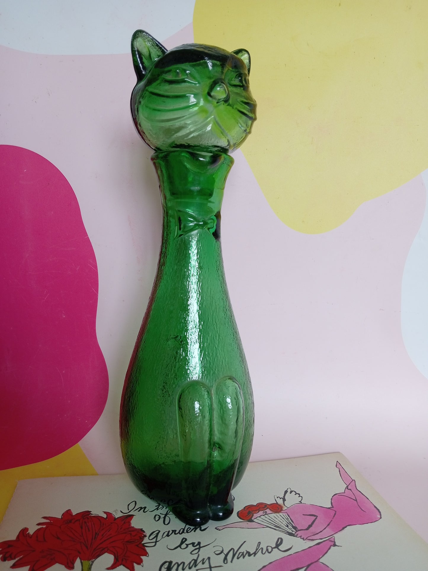 Mid Century Green Glass Cat Shaped Empoli Bottle Decanter