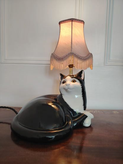 Large Vintage Reworked Lying Down Tuxedo Cat Lamp