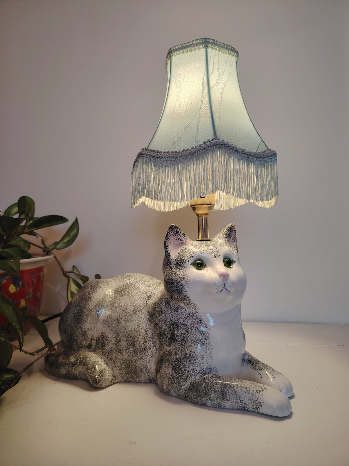 Vintage Reworked Grey and White Cat Lamp