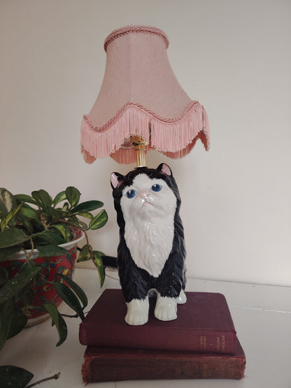 Vintage Reworked Small Fluffy Tuxedo Cat Lamp