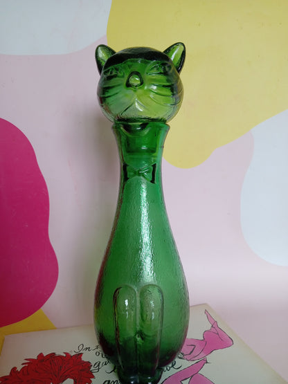 Mid Century Green Glass Cat Shaped Empoli Bottle Decanter