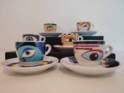Set of 6 Vintage Eye Design Espresso Cups and Saucers