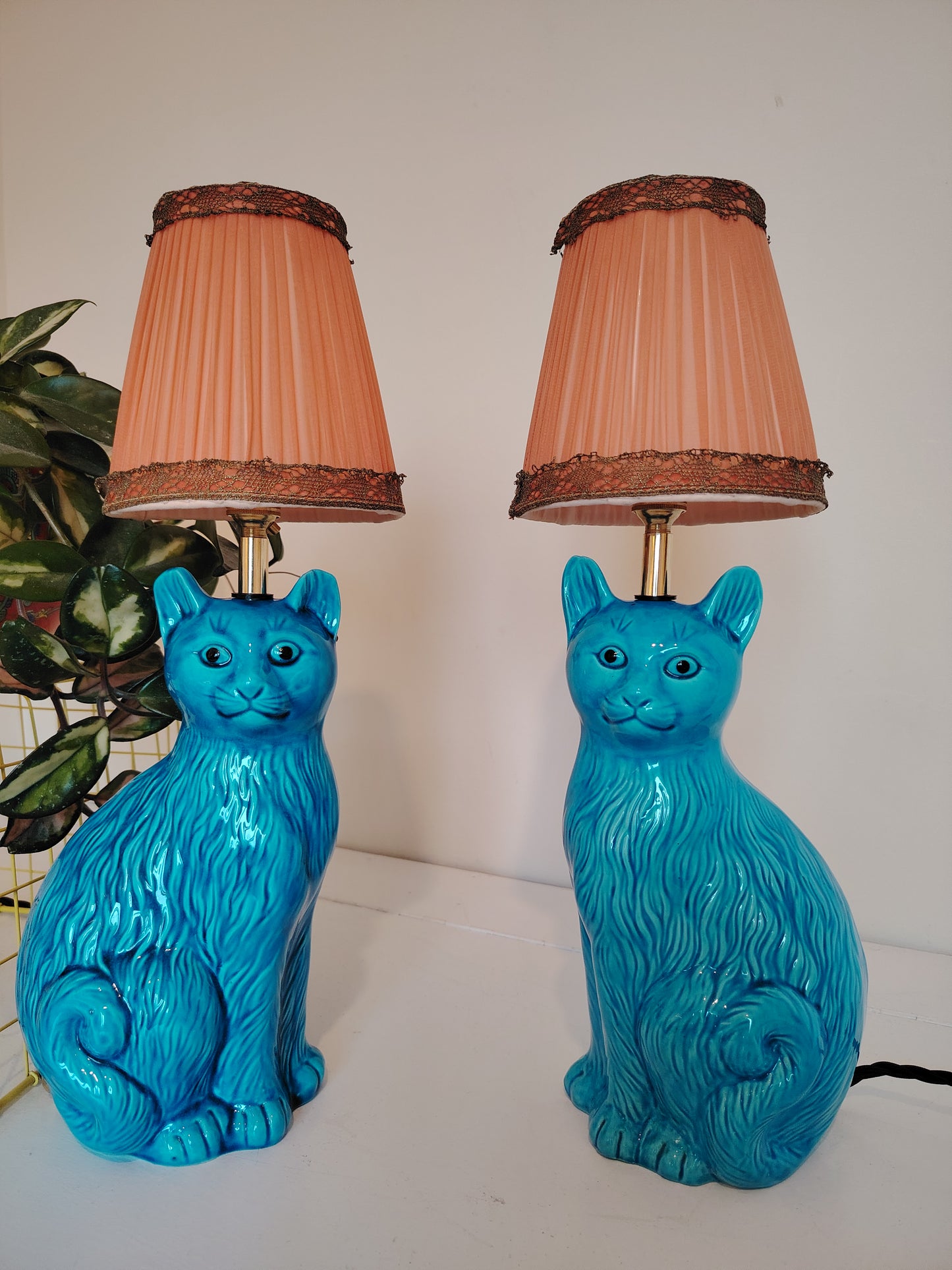Pair of Stunning Vintage Turquoise Cat Lamps
