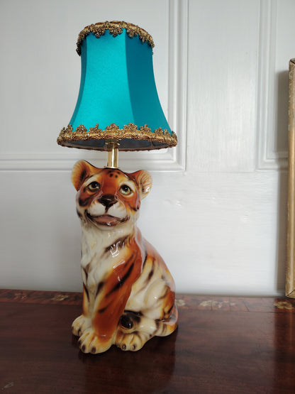 Reworked Mid-Century Small Tiger Cub Lamp Turquoise Shade