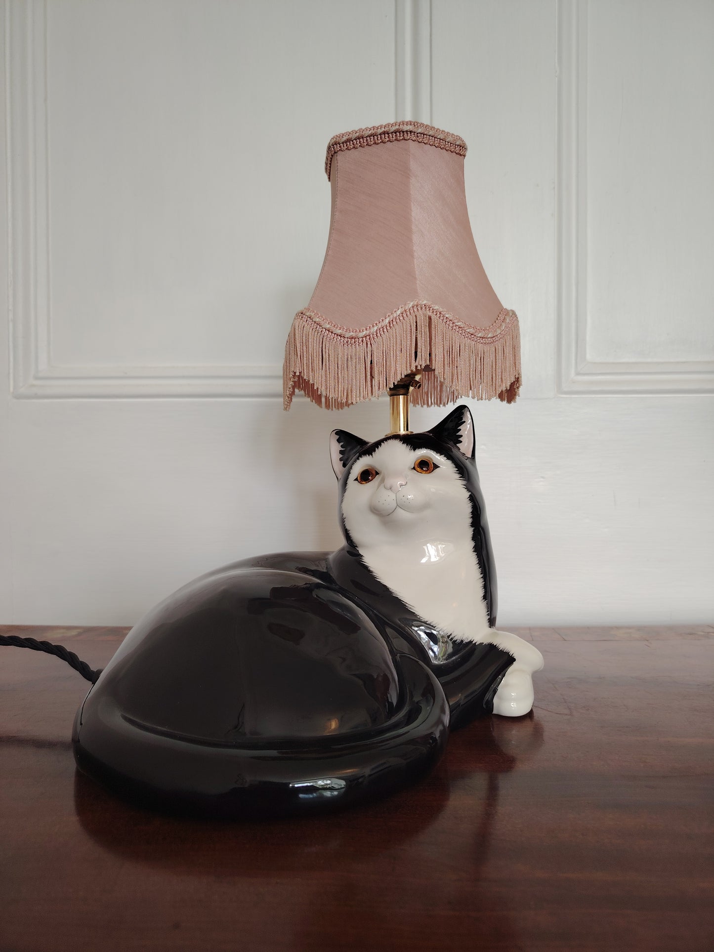 Large Vintage Reworked Lying Down Tuxedo Cat Lamp