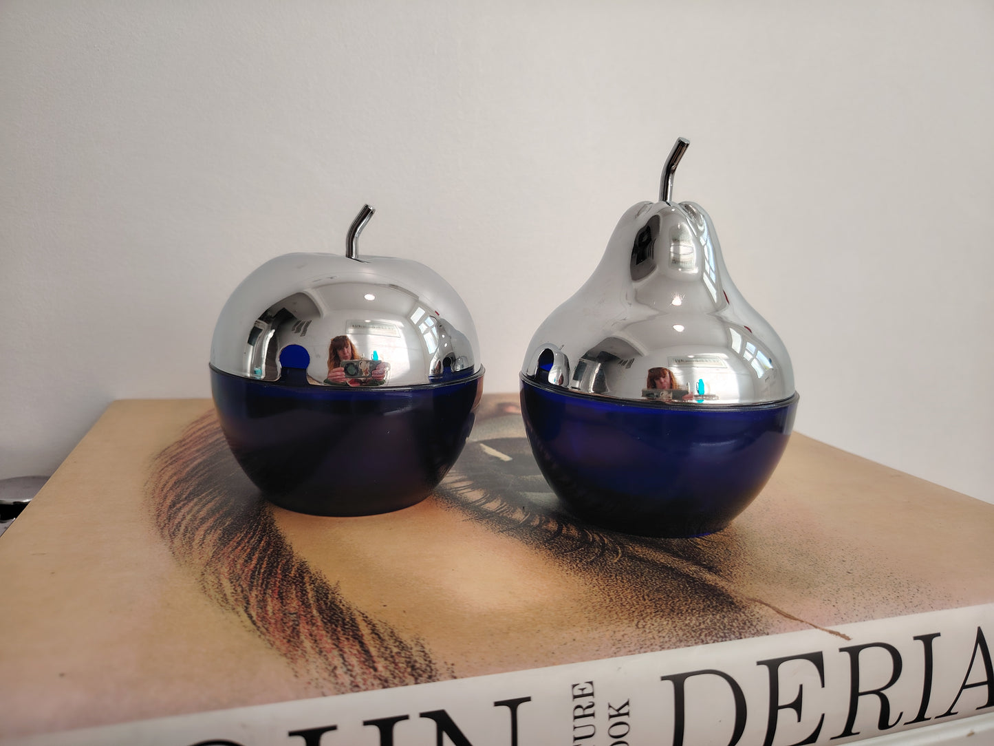 Pair of 70's cobalt blue glass and silver Apple and Pear pots