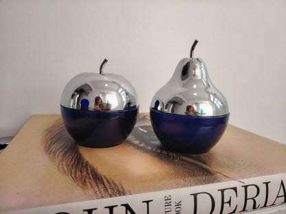 Pair of 70's cobalt blue glass and silver Apple and Pear pots