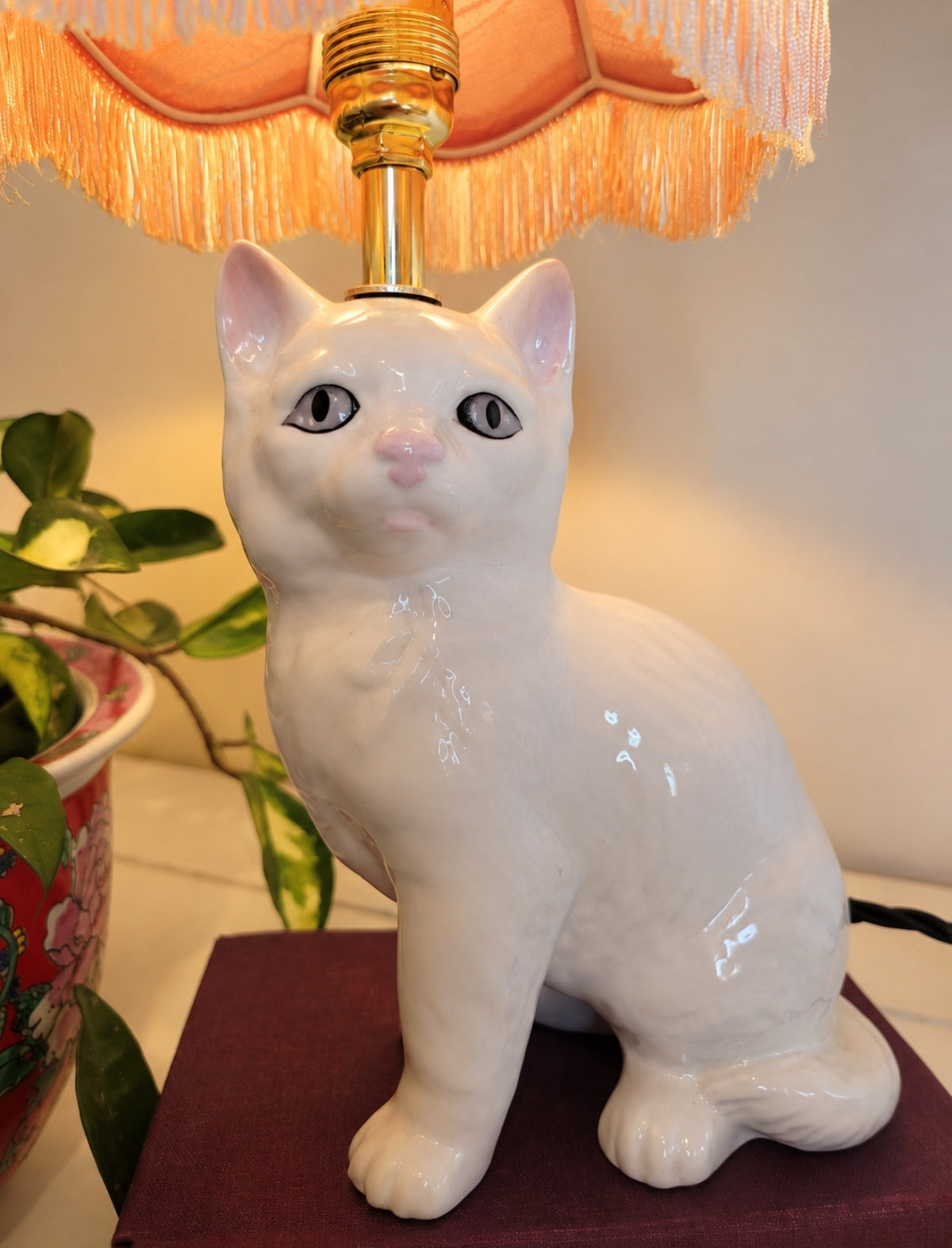 Vintage Reworked White Kitten Lamp