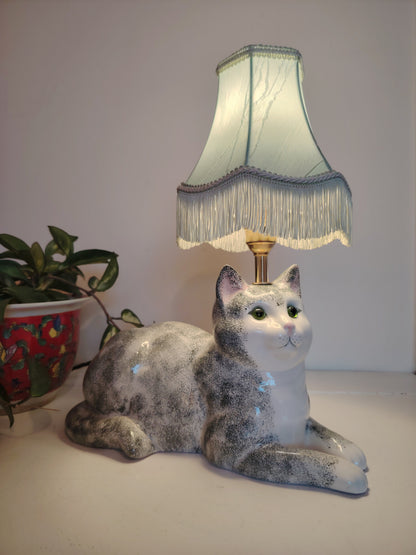 Vintage Reworked Grey and White Cat Lamp