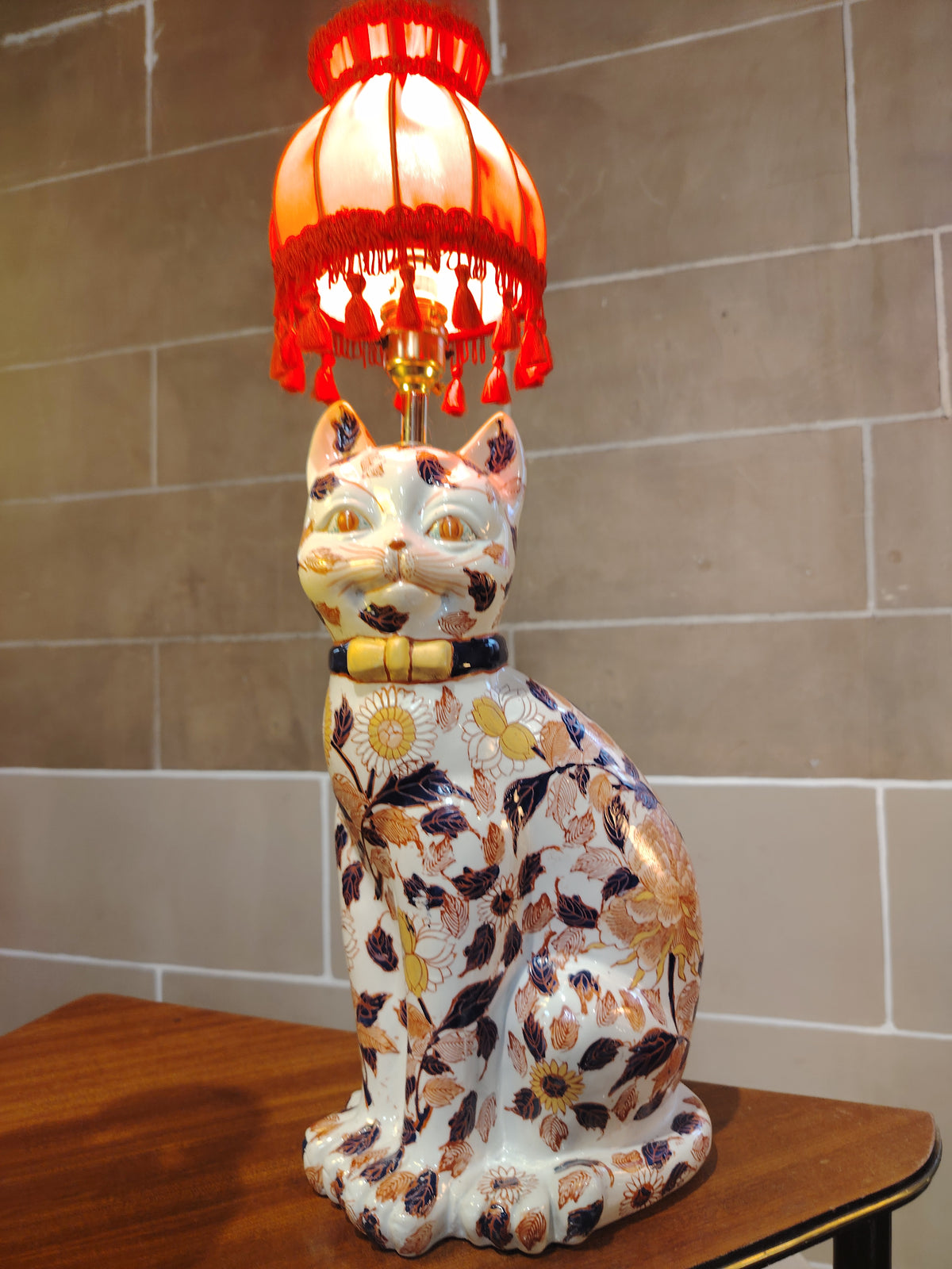 Reworked Antique Floral Imari Cat Lamp