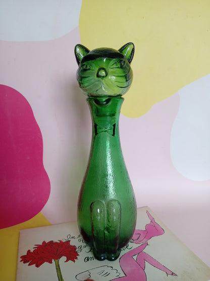 Mid Century Green Glass Cat Shaped Empoli Bottle Decanter