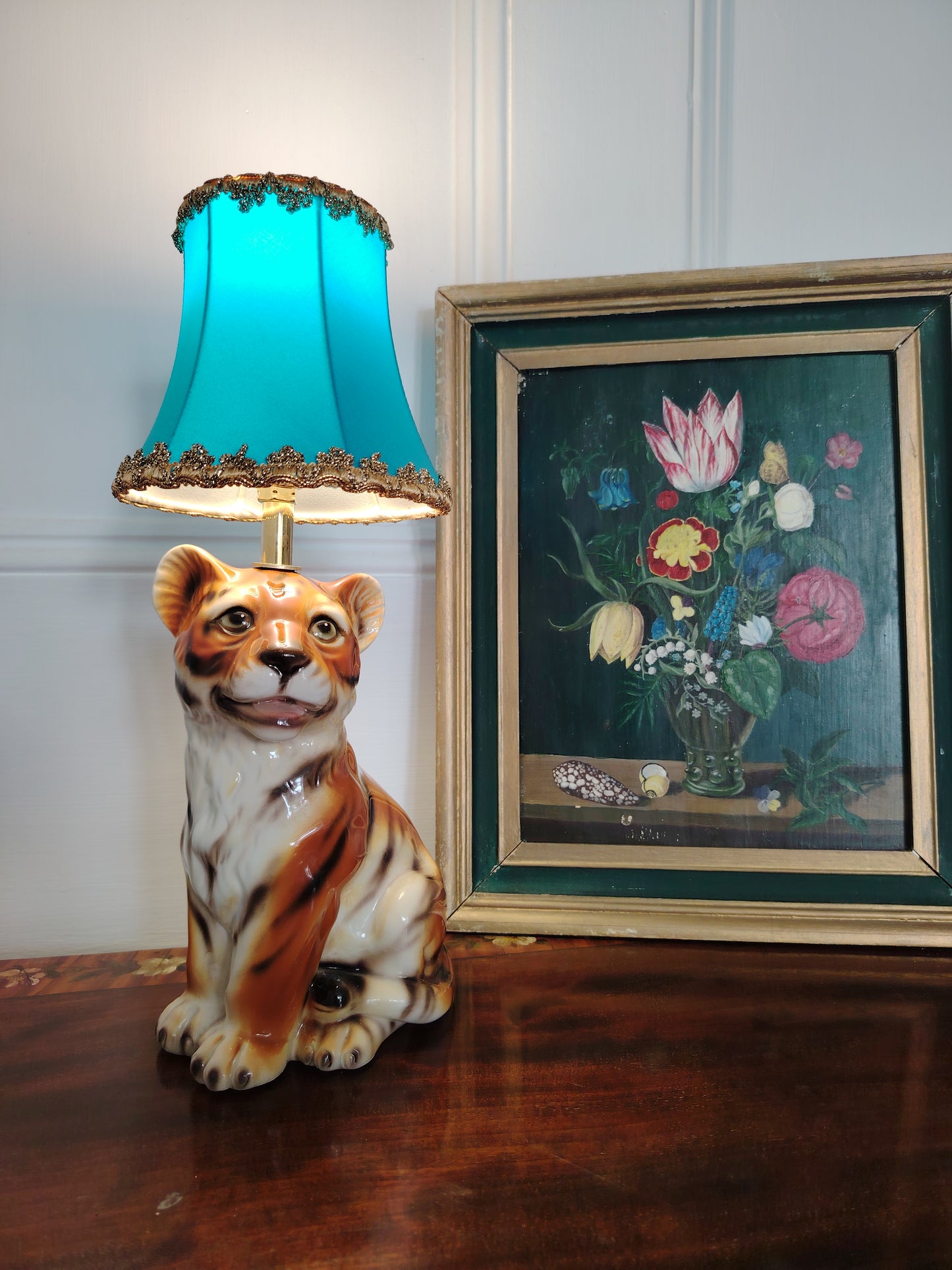 Reworked Mid-Century Small Tiger Cub Lamp Turquoise Shade
