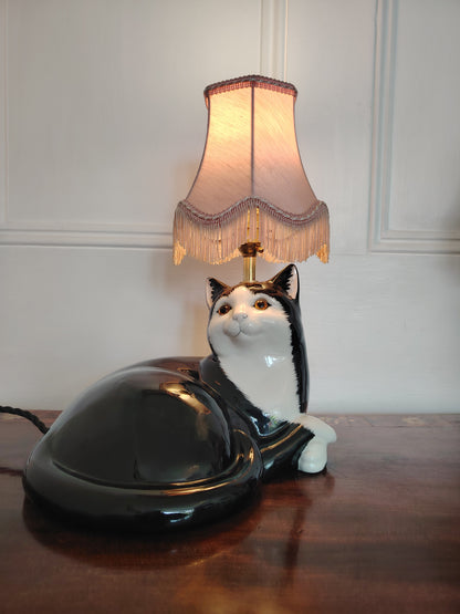 Large Vintage Reworked Lying Down Tuxedo Cat Lamp