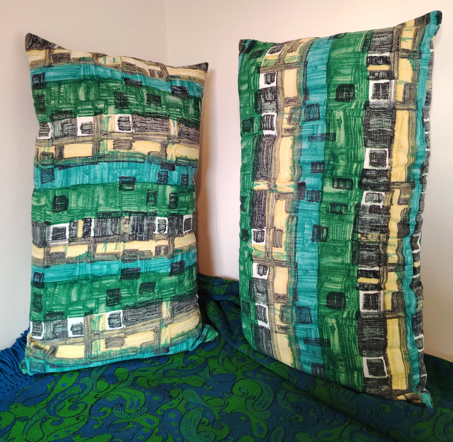 Pair of Large Vintage Bark cloth Bolster Cushions