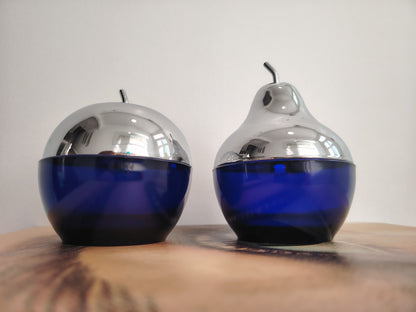 Pair of 70's cobalt blue glass and silver Apple and Pear pots