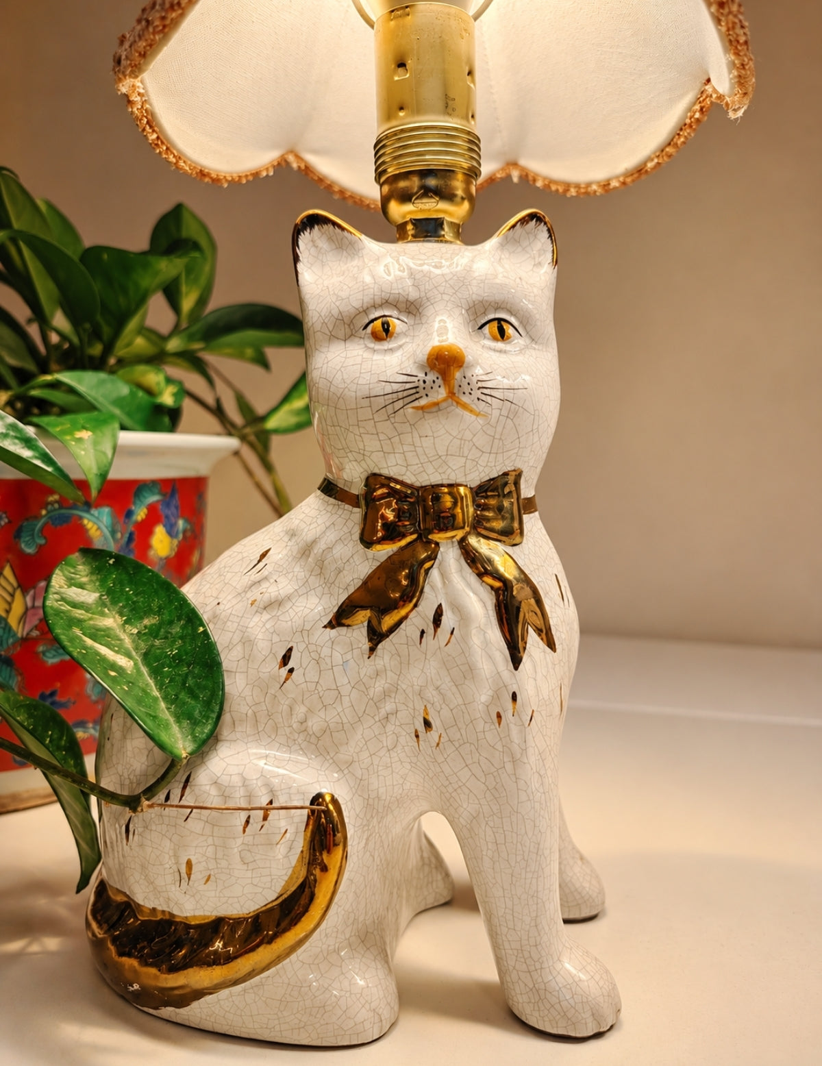 Vintage Pair of Reworked Staffordshire Style Cat Lamps With Pink Shades