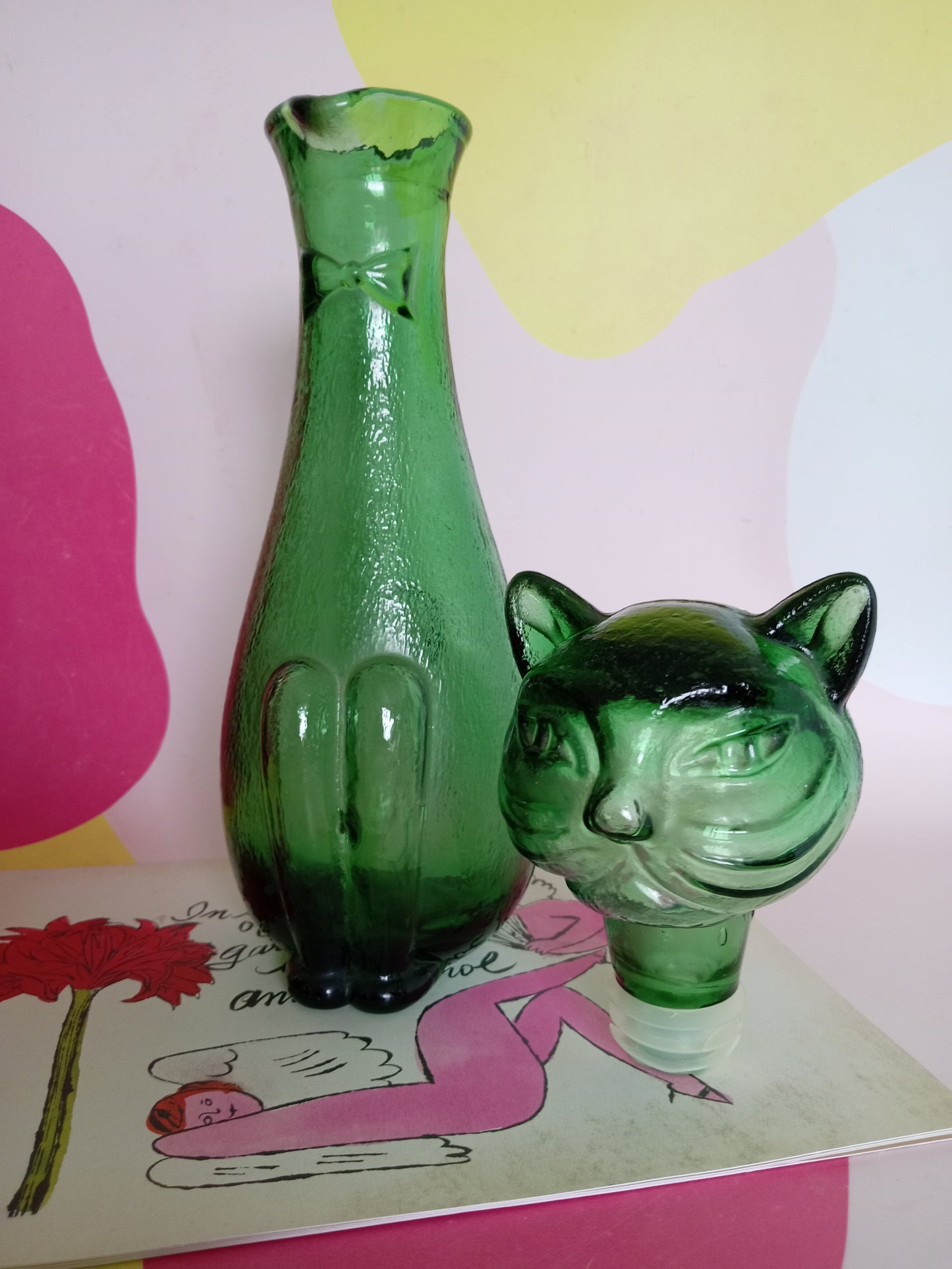 Mid Century Green Glass Cat Shaped Empoli Bottle Decanter