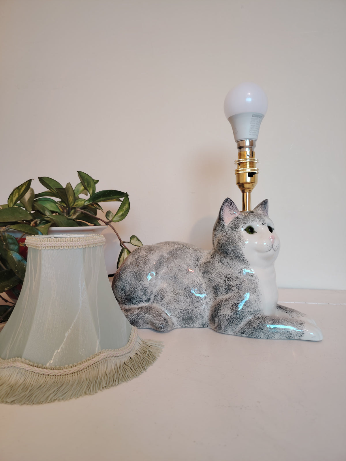 Vintage Reworked Grey and White Cat Lamp