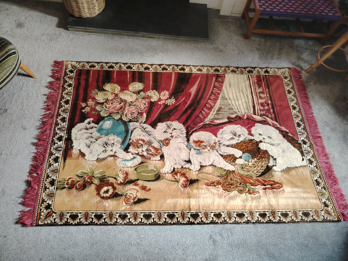 Large Vintage Velvet Kittens Rug/ Tapestry