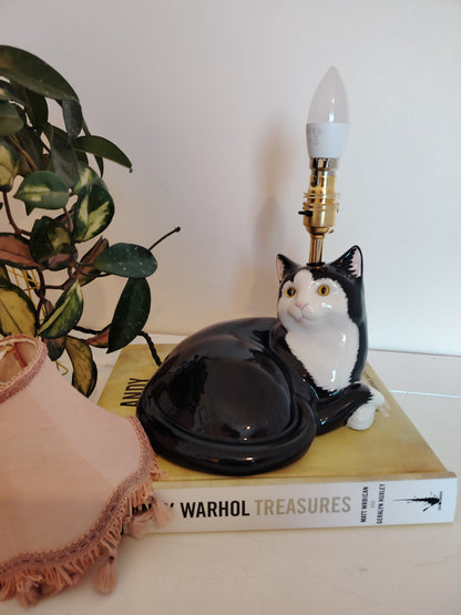 Large Vintage Upcycled Lying Down Tuxedo Cat Lamp