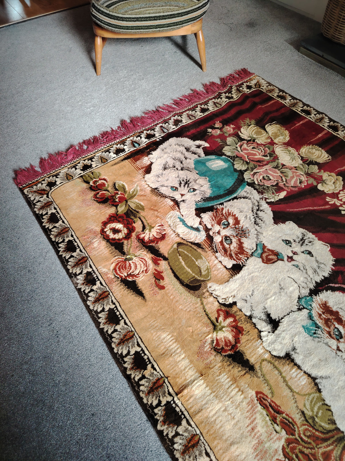 Large Vintage Velvet Kittens Rug/ Tapestry