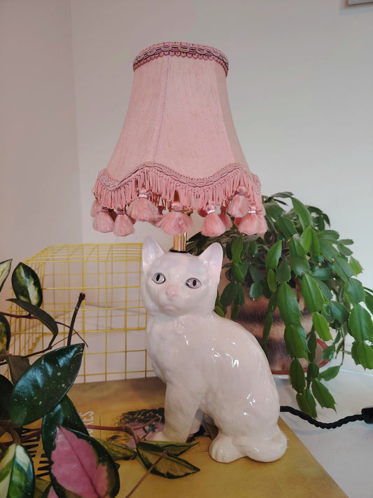 Vintage Upcycled White Short Haired Kitten Lamp