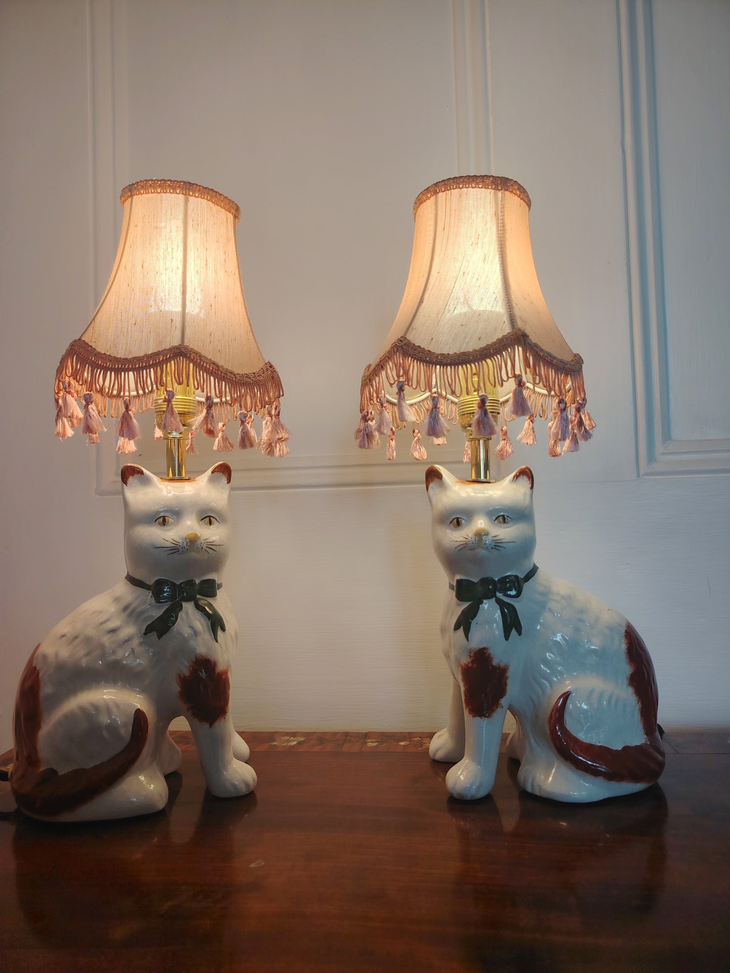 Vintage Pair of Reworked Staffordshire Style Cat Lamps With Pink Shades