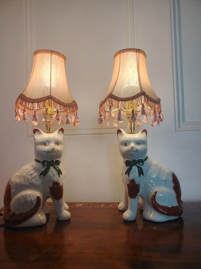 Vintage Pair of Reworked Staffordshire Style Cat Lamps With Pink Shades