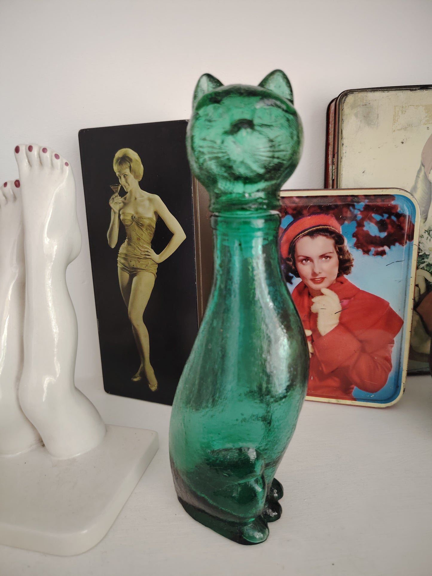 Mid Century Small Green Glass Cat Shaped Empoli Bottle