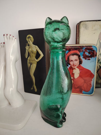 Mid Century Small Green Glass Cat Shaped Empoli Bottle