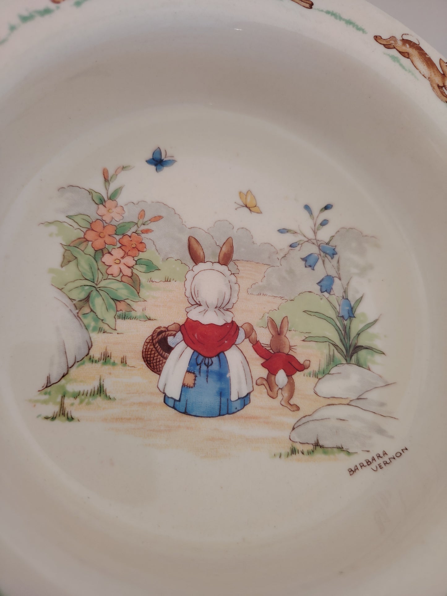 Royal Doulton Bunnykins baby bowl, vintage “Going Shopping”, signed Barbara Vernon