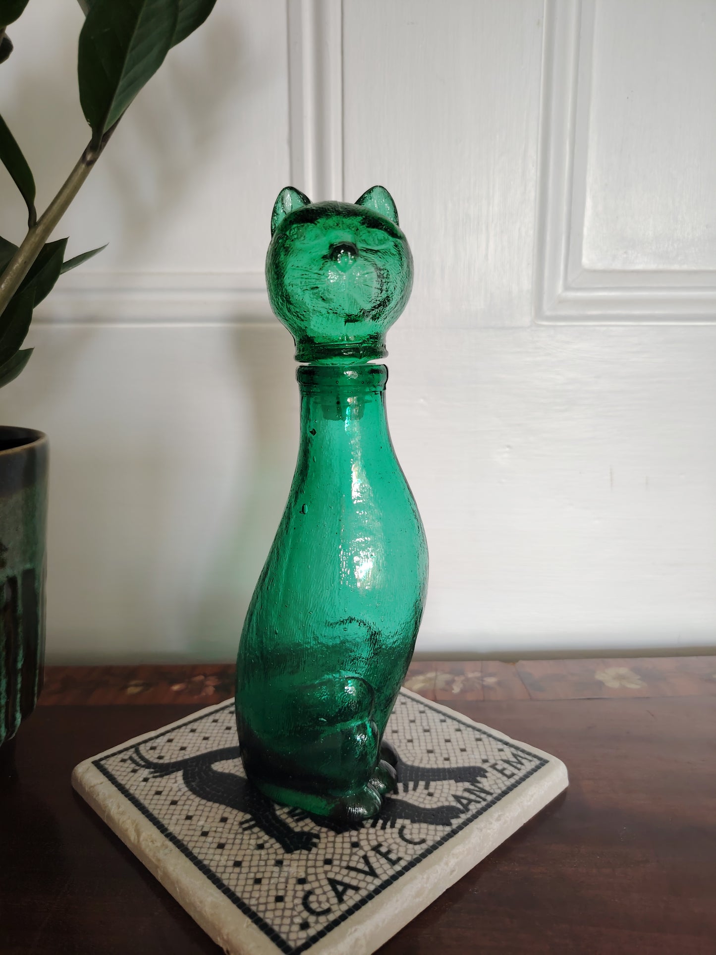 Mid Century Small Green Glass Cat Shaped Empoli Bottle