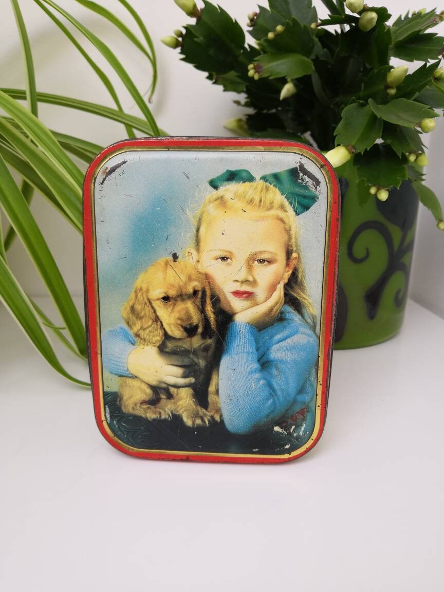 Vintage 1950s Sharp's toffee tin with girl and puppy