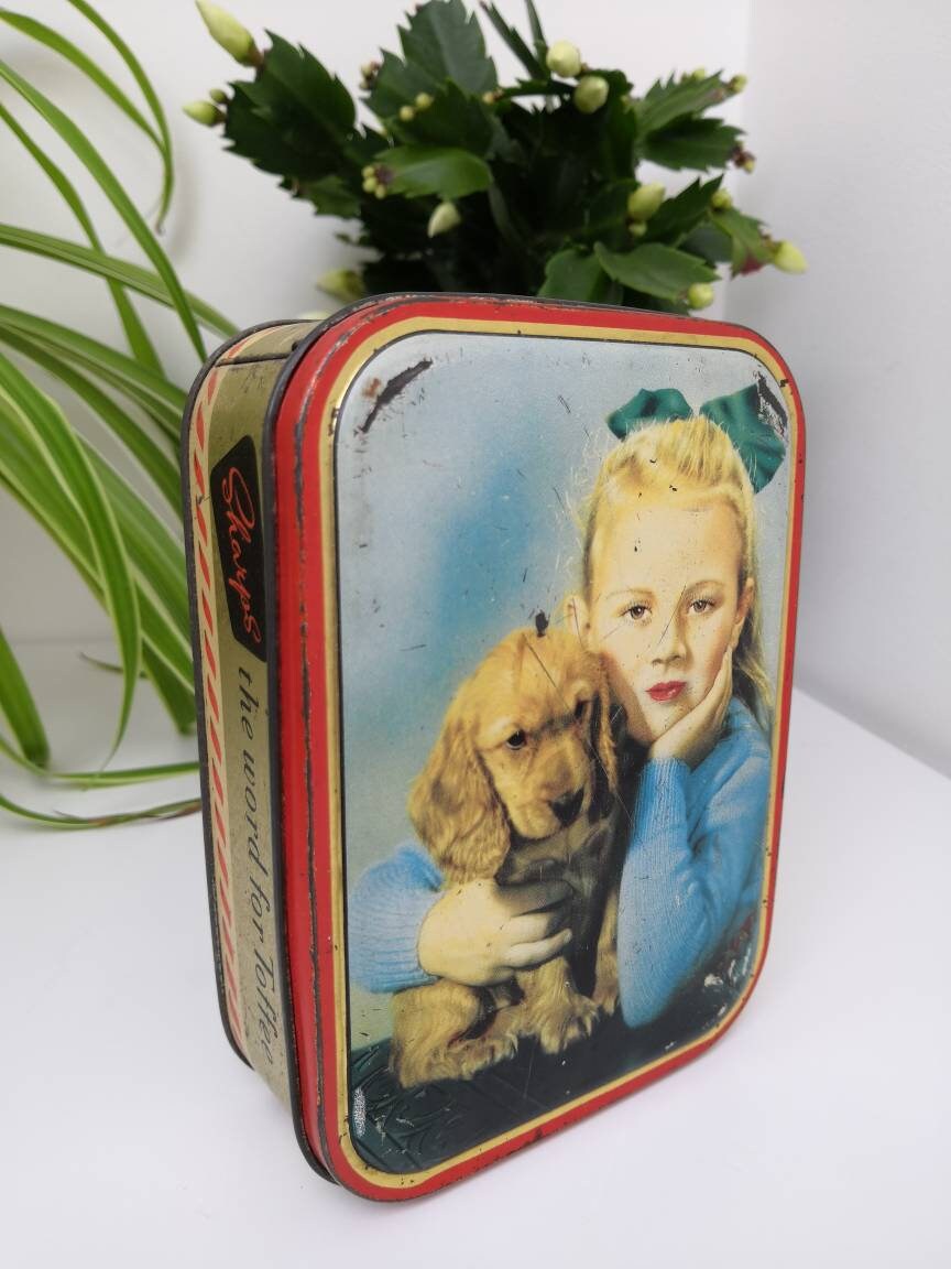 Vintage 1950s Sharp's toffee tin with girl and puppy