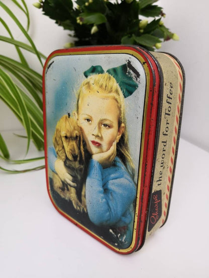 Vintage 1950s Sharp's toffee tin with girl and puppy