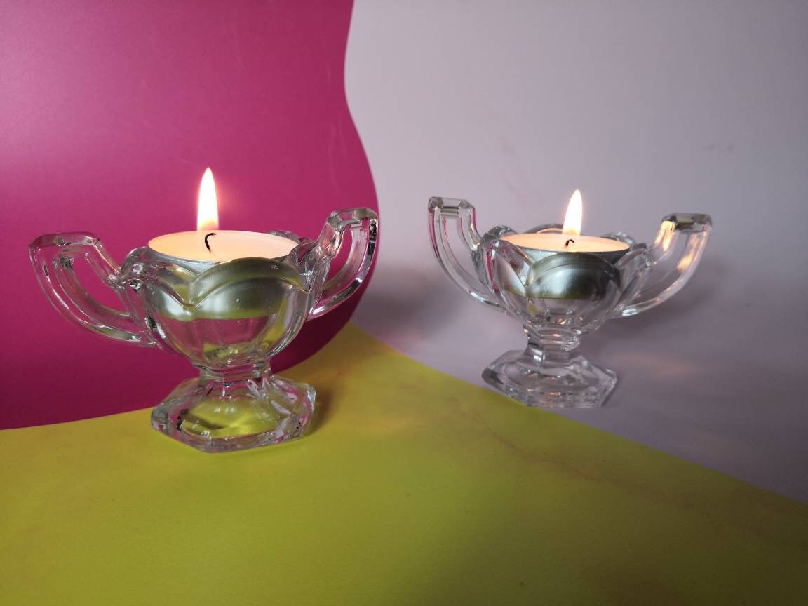 Pair of Glass Trophy Shaped Tealight Holders/ salt bowls