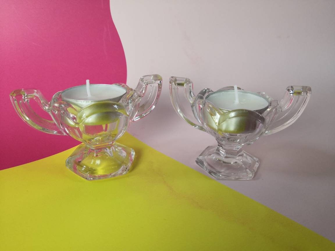 Pair of Glass Trophy Shaped Tealight Holders/ salt bowls