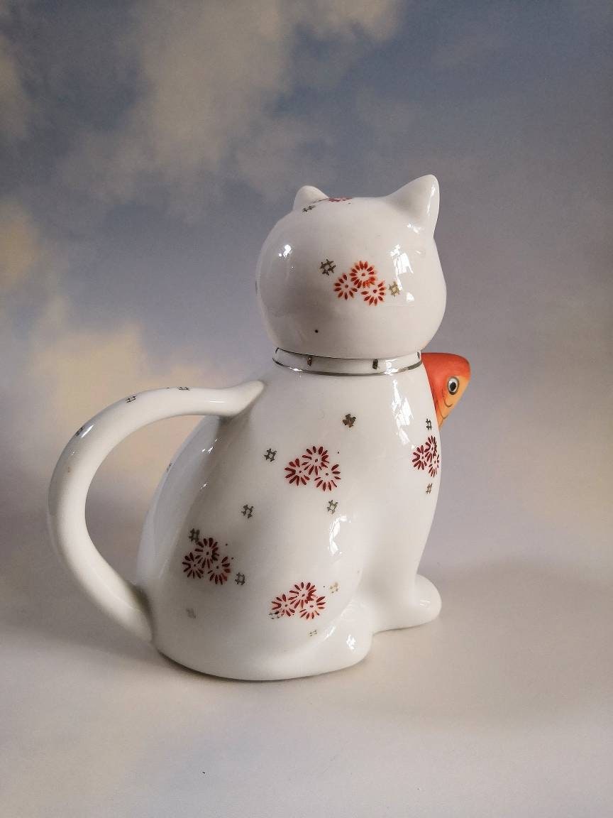 Vintage 70's Small Lucky Cat Teapot with Goldfish